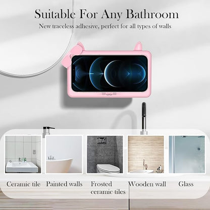 Shower Phone Holder Waterproof, Anti-Fog Touch Screen Shower Phone Case, 480 Rotation Wall Phone Mount Stand for Bathroom Batheub Kitchen Wall Mirror, Compatible with 4.7"-6.8" Phones (Pink)