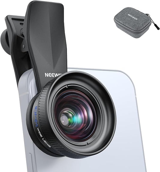 NEEWER 18mm Wide Angle Lens with 17mm Threaded Phone Camera Lens Clip, 100° FOV, 0.75X Magnification, 6 Elements in 5 Groups, Compatible with iPhone Android Samsung for Mobile Photography, LS-72