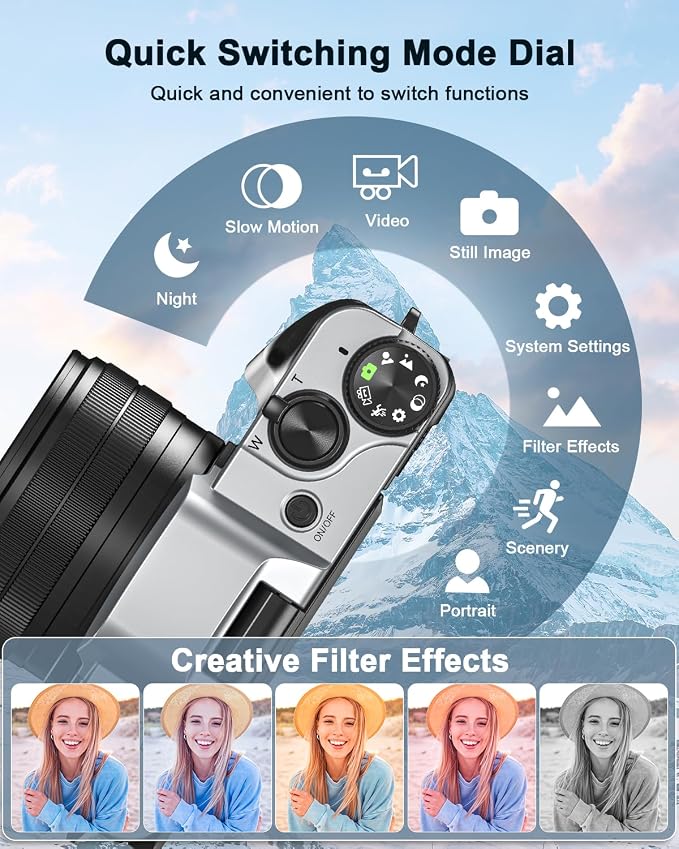 4K Digital Camera with WiFi 64MP Autofocus Vlogging Camera Compact Travel Cameras for Photography, 3" 180° Flip Screen 16X Zoom Flash Anti-Shake, Point and Shoot Camera for Beginner, Easy to Use