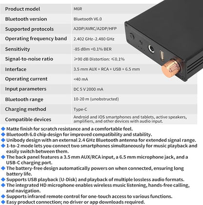 M6R Bluetooth 6.0 Receiver Audio Receivers Support Microphone Singing U Disk Playback Infrared Remote Control Dual Output,for Old Stereo/Speakers/Wired Speakers/Home Audio Music Streaming Etc