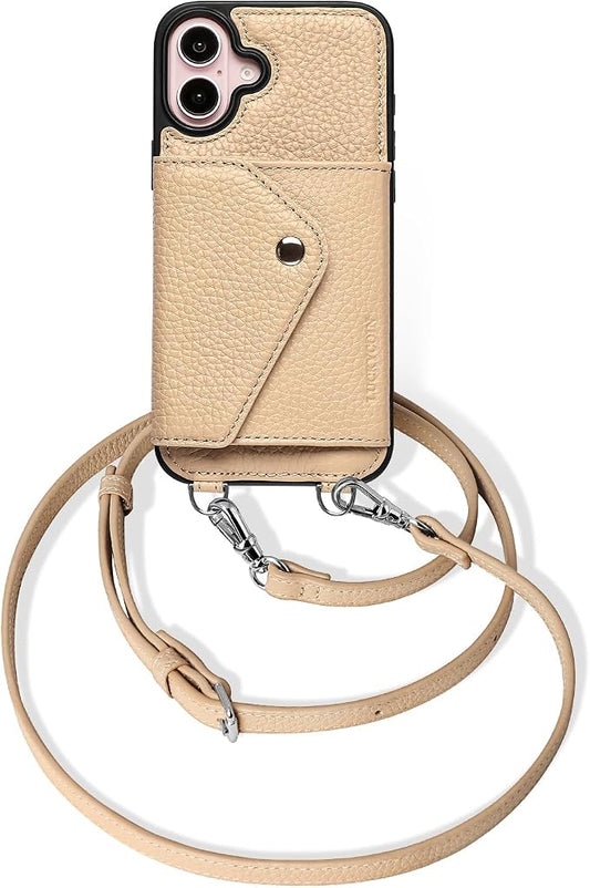 LUCKYCOIN for iPhone 16 Plus Crossbody Wallet Case – Genuine Leather Phone Purse with Adjustable Strap and Card Holder,Lanyard Phone Purse Case for Women,Pebble Grain Beige