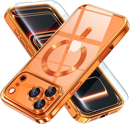 Misea Magnetic for iPhone 17 Pro Case Compatible with MagSafe [Never Yellowing] [Military Grade Drop Protection] Full Camera Lens Protector Plating Soft Clear Phone Case for Women, Cosmic Orange