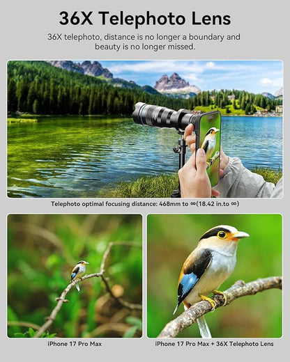 Evil eye 36X Telephoto Lens for iPhone 16 Pro, High Power HD Telephoto Phone Lens with Tripod, Phone Lens Attachments for Travel, Concert, Exploration