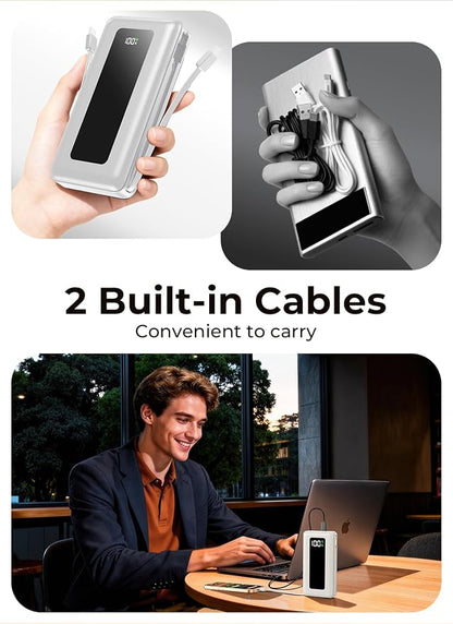Portable Charger Power Bank, 50000mAh Travel Camping Essential Battery Pack with Built-in Cables, PD 22.5W Fast Charging, Ivory White