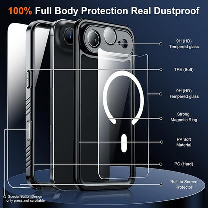 SPIDERCASE Magnetic for iPhone Air Case Waterproof, Built-in Lens & Screen Protector,[IP68 Underwater][15FT Military Shockproof] [Dustproof] Full Body Protection Cover for iPhone 17 Air 6.5’’,Black