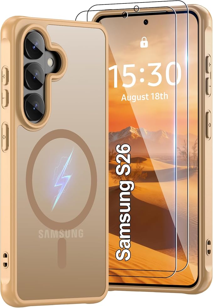 for Galaxy S26 Phone Case: Compatible for Samsung S26 Case [magsafe Fit] with 2PC HD Screen Protector,Frosted Translucent Soft-Touch Skin & Military-Grade Protection for S 26,Gold
