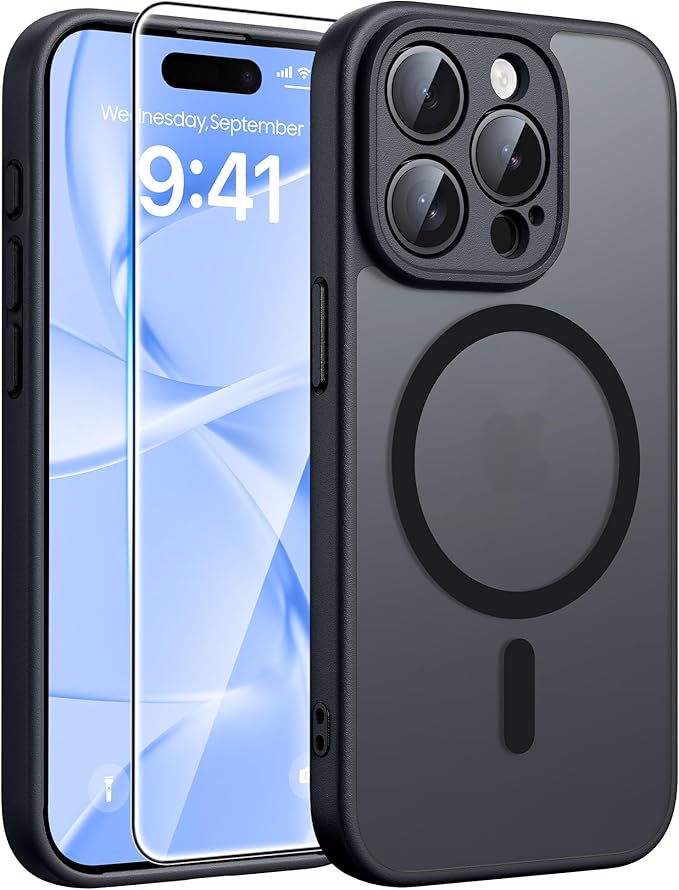 FNTCASE for iPhone 15 Pro Max Case: [Compatible with Magsafe] Translucent Matte Cases with [Full Camera Protection] [Screen Protector] Military Grade Shockproof Protective Phone Cover - Black