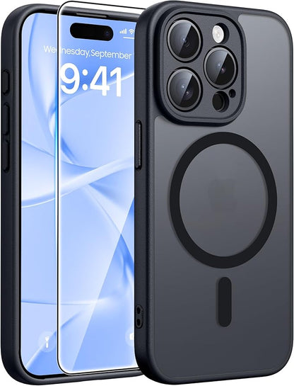 FNTCASE for iPhone 15 Pro Max Case: [Compatible with Magsafe] Translucent Matte Cases with [Full Camera Protection] [Screen Protector] Military Grade Shockproof Protective Phone Cover - Black