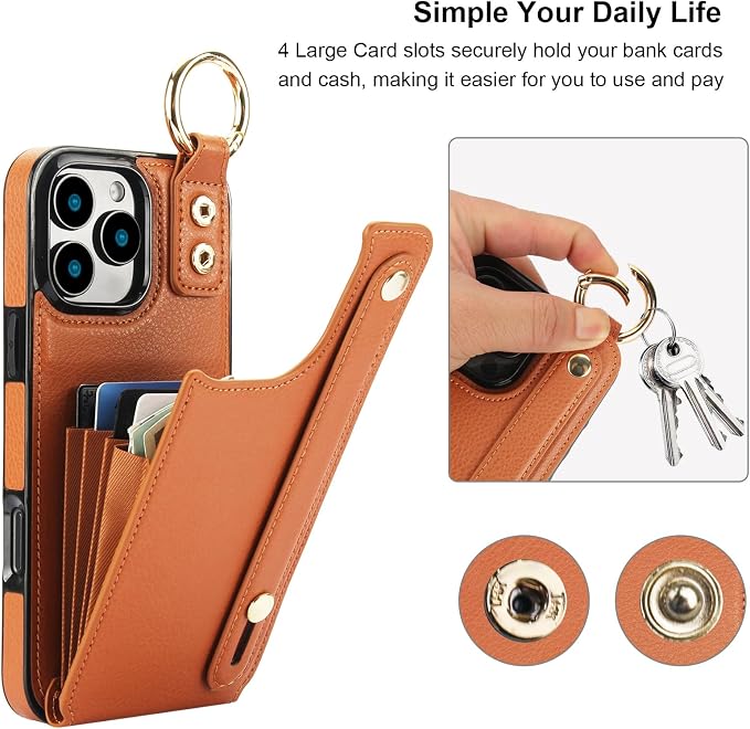 Folosu for iPhone 16 Pro Max Wallet Case with Card Holder, Hand Wrist Strap Loop Holder Kickstand, RFID Blocking Finger Grip Ring PU Leather Double Buttons Shockproof Cover 6.9" Brown