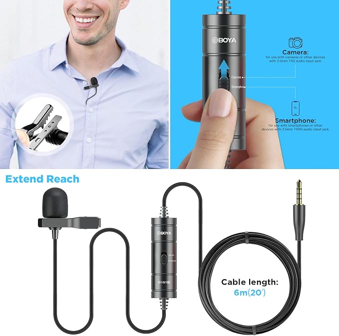 BOYA BY-M1S Professional Lavalier Lapel Microphone Omnidirectional Condenser Mic for iPhone Android Smartphone DSLR Camera, Camcorders, Audio Recorders, PC Laptop Recording