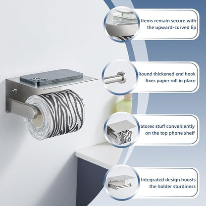 Toilet Paper Holder with Phone Shelf, APLusee SUS 304 Stainless Steel Bathroom Tissue Holder, Wall Mounted Roll Paper Dispenser, Brushed Nickel