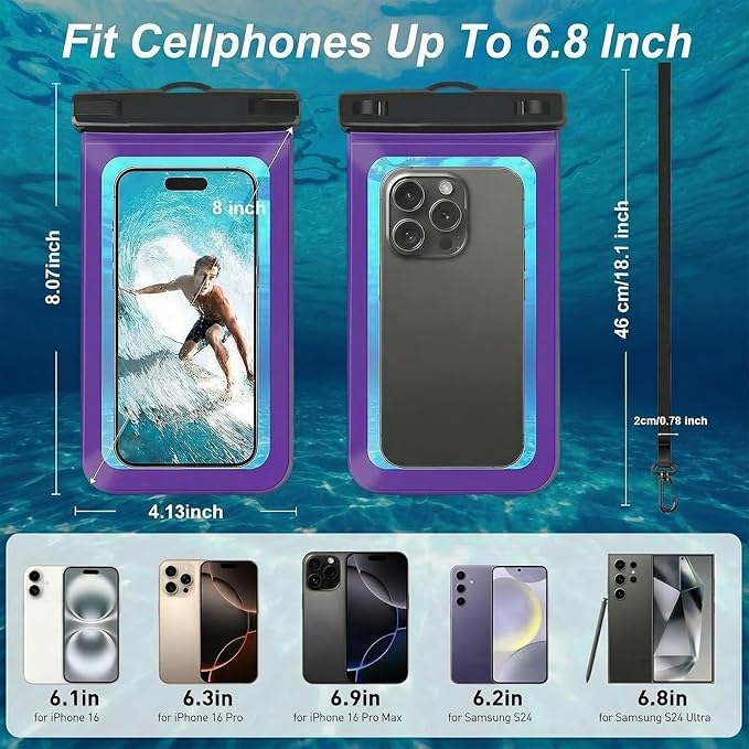 Woyinge 1 Pack Waterproof Phone Case, 6.8" Universal Dry Bag for iPhone 15/14/13/12 Pro Max, IPX8 Waterproof Pouch, Cruise Ship & Beach Essentials, Purple