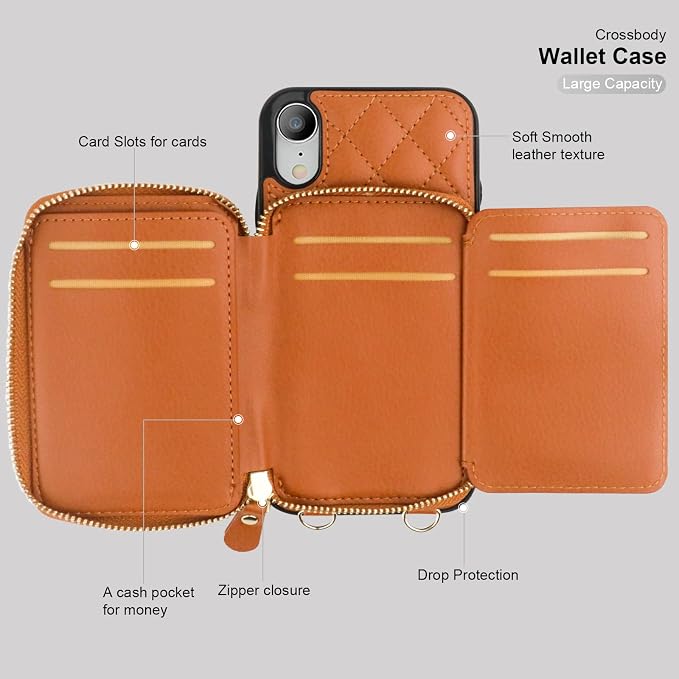 Bocasal Crossbody Wallet Case for iPhone Xr, RFID Blocking PU Leather Zipper Handbag Purse Flip Cover, Kickstand Folio Case with Card Slots Holder Wrist Strap Lanyard 6.1 Inch (Brown)