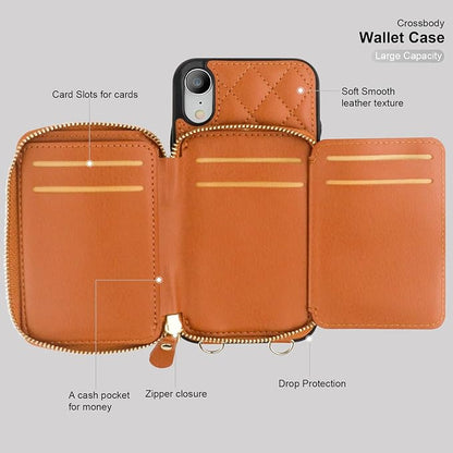 Bocasal Crossbody Wallet Case for iPhone Xr, RFID Blocking PU Leather Zipper Handbag Purse Flip Cover, Kickstand Folio Case with Card Slots Holder Wrist Strap Lanyard 6.1 Inch (Brown)