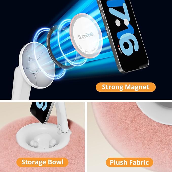 Magnetic Phone Pillow Stand, Phone Holder for Bed,Lap,Desk, Cozy Pillow Stand with Snack Bowl and 2 Magnetic Rings, Compatible with 3.5-7" iPhone,E-Reader, Kindle, Pink