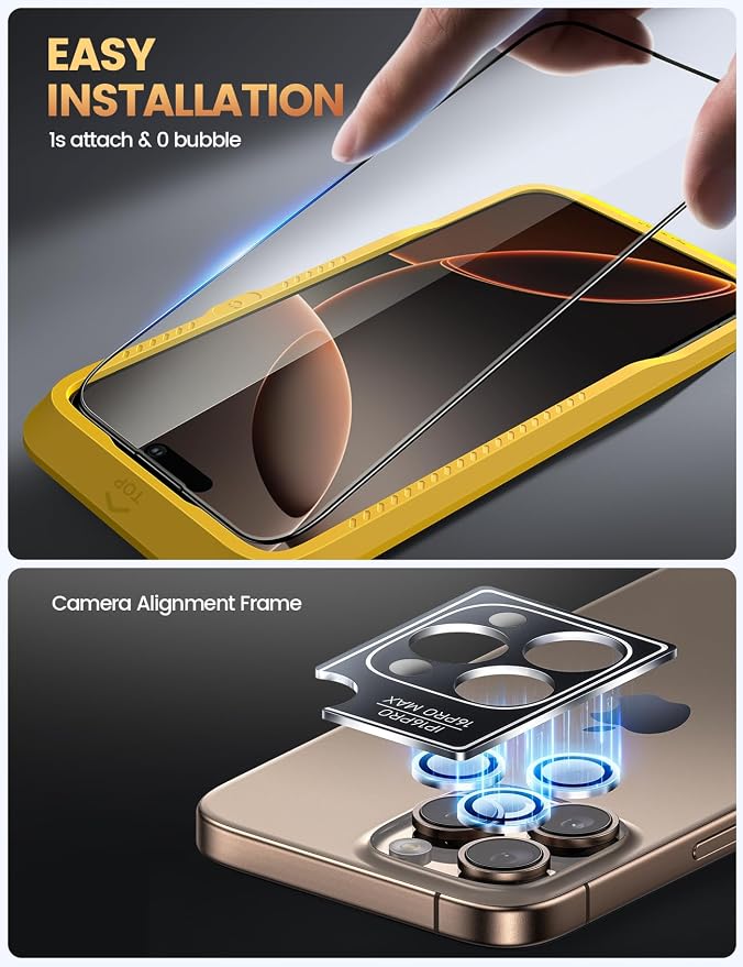 Lamicall 2+2 for iPhone 16 Pro Screen Protector (6.3") with Camera Lens Protector, [Top 9H Tempered Glass Film], Easy Alignment, Anti-Scratch, 0 Bubbles, HD Clear for iPhone 16 Pro - [2-Pack Each]