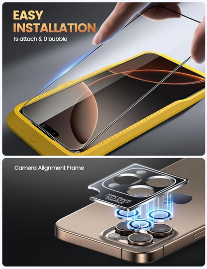 Lamicall 2+2 for iPhone 16 Pro Screen Protector (6.3") with Camera Lens Protector, [Top 9H Tempered Glass Film], Easy Alignment, Anti-Scratch, 0 Bubbles, HD Clear for iPhone 16 Pro - [2-Pack Each]