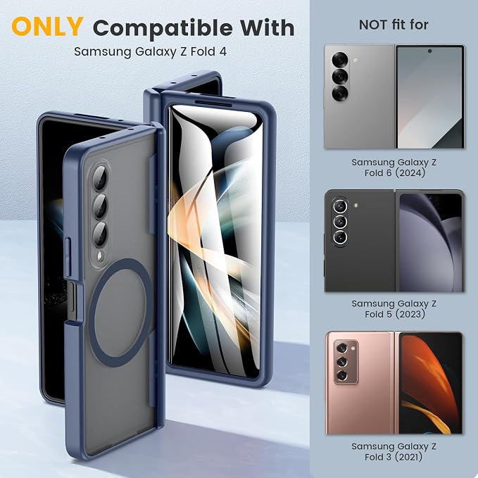 Caka Magnetic for Samsung Galaxy Z Fold 4 Case with Hinge Protection Blue | Compatible with MagSafe, Built-in Outer Screen Protector, Hinge Guard, Translucent Matte Back, 360° Hybrid Drop Defense