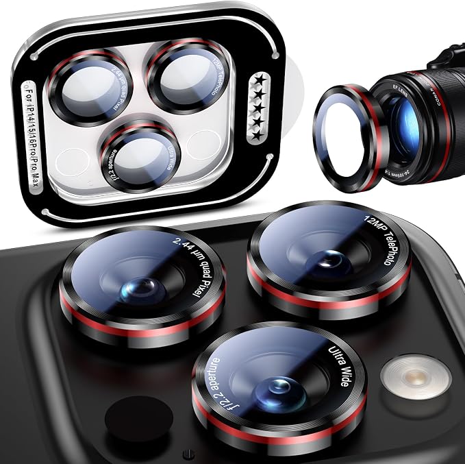 Uyiton for iPhone 17/16/15/14 (Pro Max & Pro) Camera Lens Protector - [Case-Friendly][Ultra-Thin] Military-Grade Tempered Glass Metal Camera Cover, Easy to Install, Black+Red