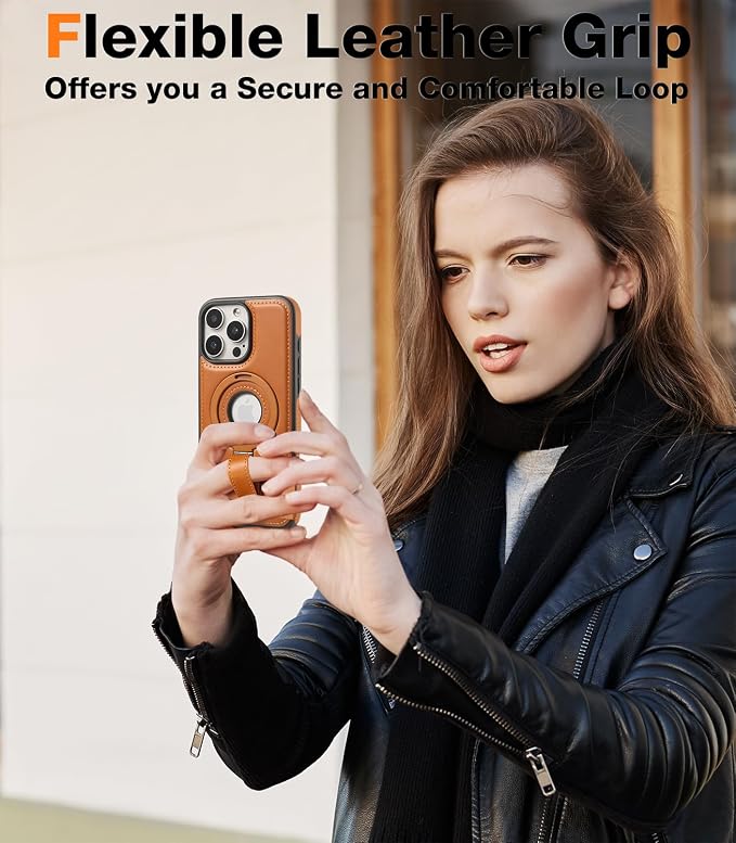for iPhone 16 Pro Leather Case with Stand, Anti-Slip Grip Ring, Fits for MagSafe (Brown, iPhone 16 Pro)