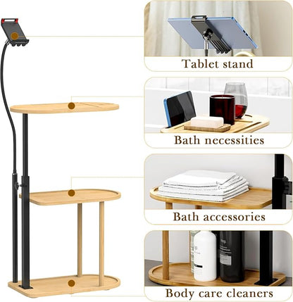 Linkidea Wooden Bathtub Tray with Tablet Holder, 3 Layers Multifunctional Bath Caddy for Space Save, Adjustable Bathroom Accessories Suitable for Phone, Toiletries Organize