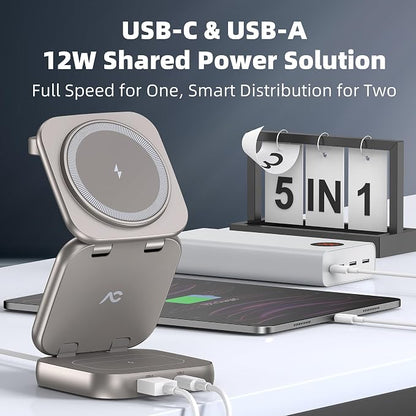 5-in-1 Wireless Charger for MagSafe, AC ISLAND Portable Travel Charging Station, 35W Max Fast Foldable Magnetic Stand, Evolved for iPhone 17-12 & Air Series, Apple Watch, AirPods (with 35W Adapter)