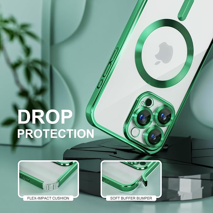 Misea Magnetic for iPhone 16 Pro Max Case Compatible with MagSafe [Never Yellowing] [Military Grade Drop Protection] Full Camera Lens Protector Plating Soft Clear Phone Case for Women 6.9", Green