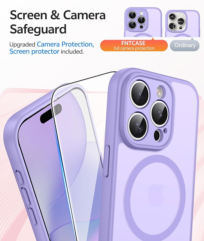 FNTCASE for iPhone 15 Pro Case: [Compatible with Magsafe] Translucent Matte Cases with [Full Camera Protection] [Screen Protector] Military Grade Shockproof Protective Phone Cover - Light Purple