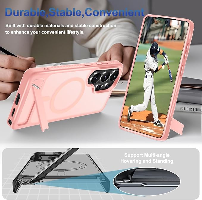 RMOCR for Samsung Galaxy S26 Ultra Case with Screen Protector+Lanyard Wrist Strap,Magnetic Translucent Matte Rugged Slim Phone Cover Built in Invisible Kickstand [Fit for MagSafe],2026 Cute Pink