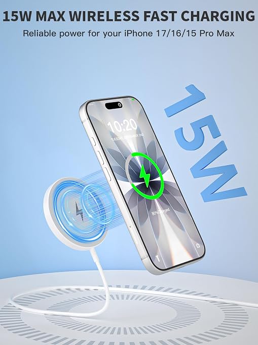 Magnetic Wireless Charger 10FT Fast Apple Mag-Safe Charger Magnet Charging Pad iPhone Mag Safe Charging for iPhone 17Pro Max/16 Pro Max/16Pro/16/iPhone 15Pro Max/15 Plus/14/13/12/AirPods 3/2/Pro/Pro 2