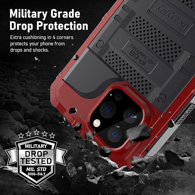 Beasyjoy Waterproof Case for iPhone 13 Pro, Metal Defender Case with Built-in Screen Protector, Military Grade Full Body Rugged Protective Heavy Duty Underwater Phone Case 6.1 Inch, Red