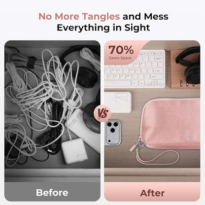 FYY Travel Cable Organizer - 8 Compartments, Lightweight, Water Repellent | With Wrist Strap, Portable Tech Pouch for Cord Charger, Travel and Business Trips Use, Soft Shell Nylon, Pink (Large)