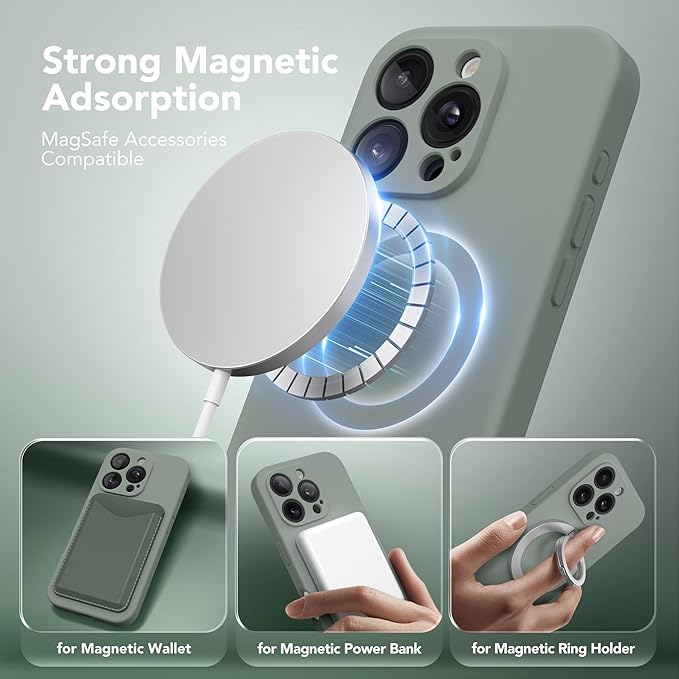 Magnetic for iPhone 16 Pro Case, Compatible with MagSafe, [Full Camera Protection][Screen Protector] Silicone Shockproof Protective Phone Case for iPhone 16 Pro 6.3", Calke Green