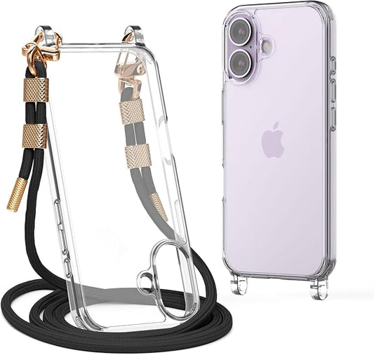 for iPhone 17 Case with Strap, Clear Shockproof Crossbody Phone Cover w/Removable Anti-Theft Adjustable Lanyard for Women, Travel, Shopping, Hiking (6.3", Black)