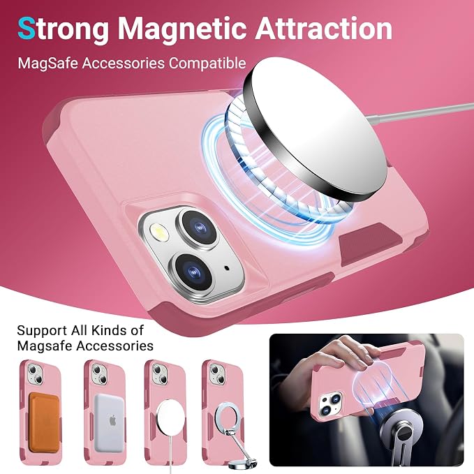 jaroco for iPhone 13 Case & iPhone 14 Case & iPhone 15 Case [Heavy Duty Protection][Compatible with MagSafe][Military Grade Drop Protection][Shockproof] with Non-Slip Removable Phone Cover 6.1''-Pink