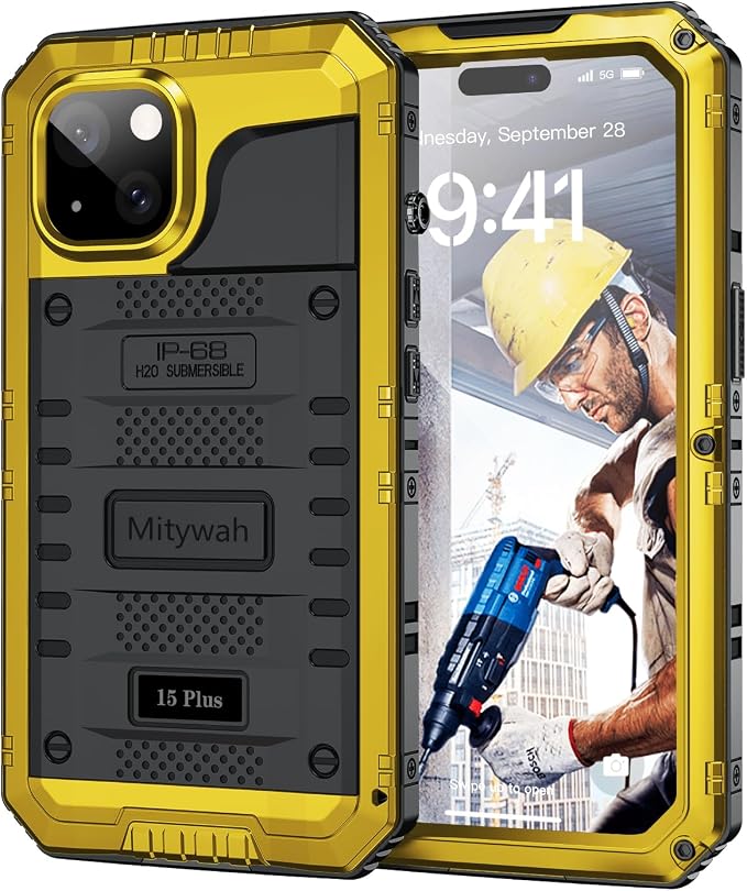 Mitywah Waterproof Case for iPhone 15 Plus, Heavy Duty Shockproof Case with Built-in Screen Protector, Full Body Underwater Protective Metal Case 6.1 inch, Yellow