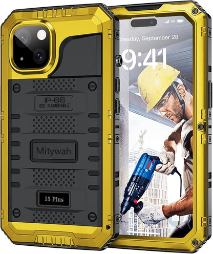 Mitywah Waterproof Case for iPhone 15 Plus, Heavy Duty Shockproof Case with Built-in Screen Protector, Full Body Underwater Protective Metal Case 6.1 inch, Yellow
