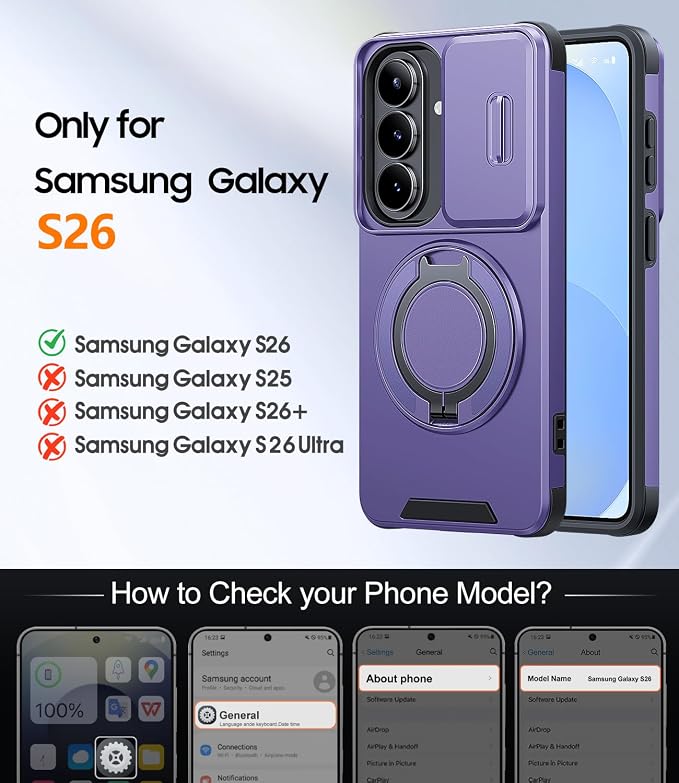 JAME for Samsung Galaxy S26 Case, Ring Holder Stand Kickstand, Slide Camera Cover with Screen Protector, Dual-Layer Shockproof Protective, Magnetic Accessory Friendly Galaxy S26 Phone Case, Purple