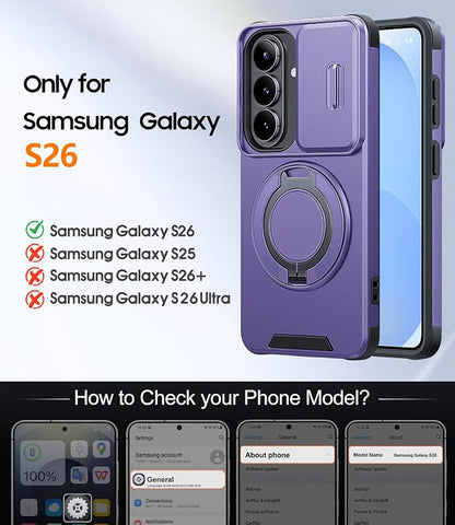 JAME for Samsung Galaxy S26 Case, Ring Holder Stand Kickstand, Slide Camera Cover with Screen Protector, Dual-Layer Shockproof Protective, Magnetic Accessory Friendly Galaxy S26 Phone Case, Purple