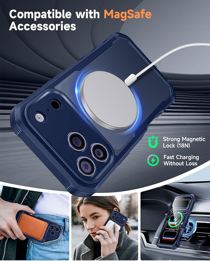seacosmo for iPhone 17 Pro Max Case, Full Body Bumper with Built-in Tempered Glass Screen Protector and Camera Lens Protection, Compatible with MagSafe, Shockproof 17 Pro Max Case, 6.9", Deep Blue