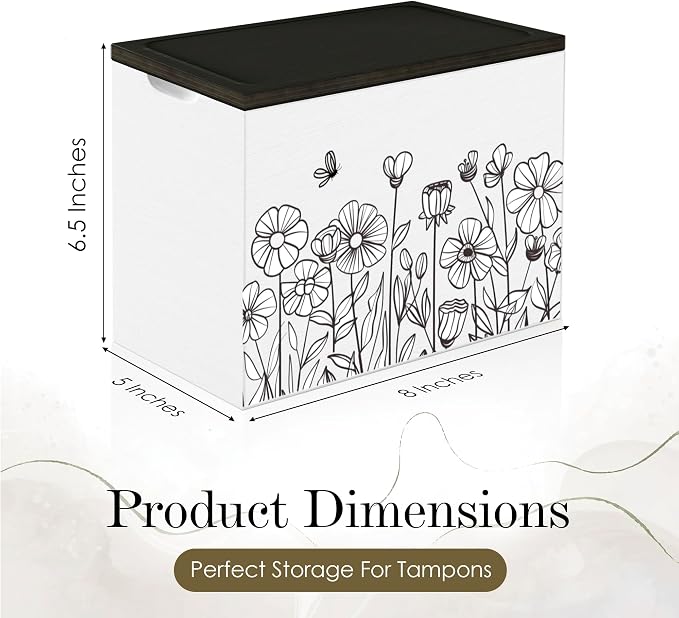 HOTCAN Discreet Tampon Holder for Bathroom with Vanity Tray Lid, Tampon Organizer for bathroom for Wall or Countertop Mount, Wood Pad Dispenser, Feminine Product Organizer (Floral)