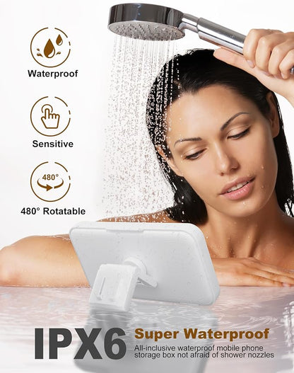 Upgraded Shower Phone Holder Waterproof with Speaker Hole Screentouch Shower Phone Stand Case Mount for Bathroom Bathtub Kitchen Wall Mirror for iPhone1716 15 14 13 12 11 Pro XS XR Max (White)