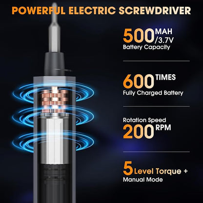 TanSon Mini Electric Screwdriver Set,3.7V Precision Screwdriver Set 66 in 1 Magnetic Drill,HD Display,5 Torque Settings,4 LED Lights, Portable Repair Tool Kit for Computer,Phone, Watch,Camer,Glasses