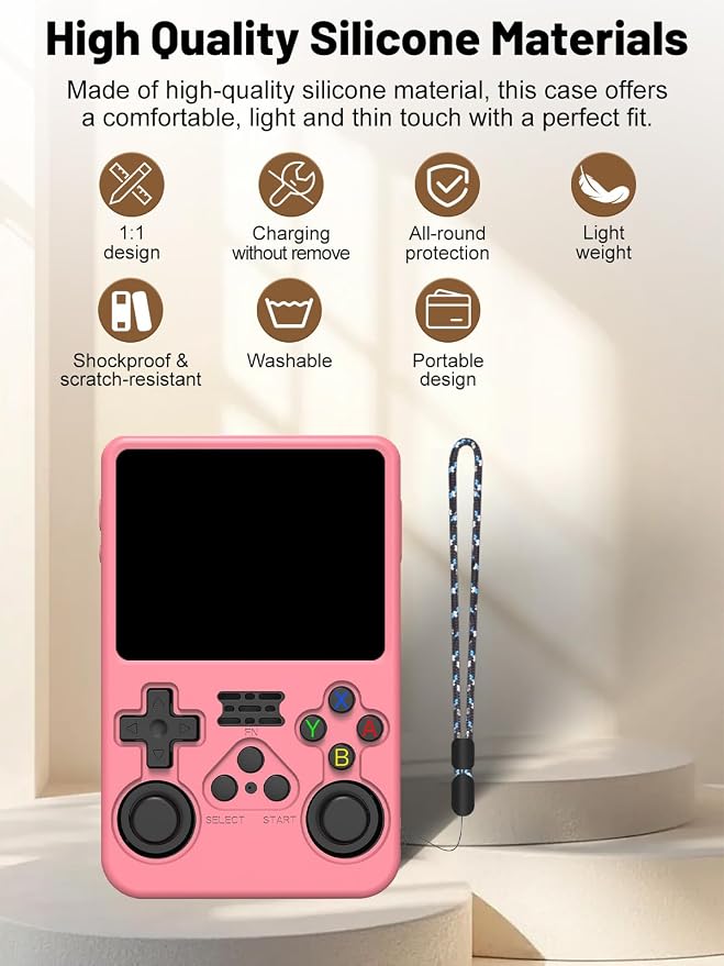 Silicone Protective Case for Anbernic R36S Game Console, Full-Body Protective Cover with Precise Cutout, Shockproof Dustproof Protector Sleeve & Scratch-Resistant Sleeve (Pink)