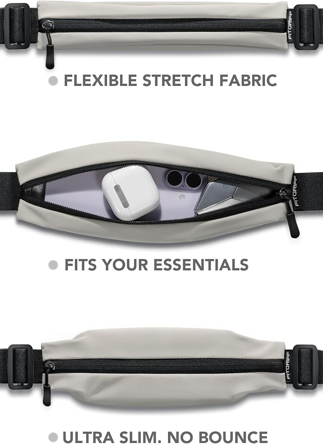 Fitgriff® Running Belt V2 for Men & Women - Slim Fanny Pack, Phone Holder for Jogging, (Fits All Cell Phones) - Money Belt, Runners Waist Pouch (Light Taupe, One Size (Waist 24.4 – 43.3 inches))