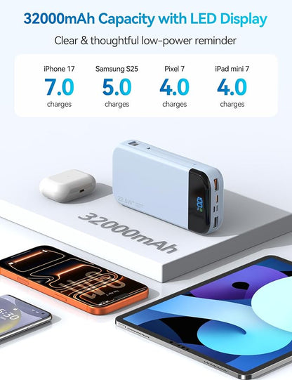 Portable Charger Power Bank 32000mAh with Built in Cables, PD3.0 USB C Fast Phone Charger, 5 Outputs LCD Display Travel Battery Pack Compatible with iPhone, Samsung All Cell Phones (Blue)