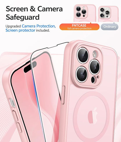 FNTCASE for iPhone 14 Pro Max Case: [Compatible with Magsafe] Translucent Matte Cases with [Full Camera Protection] [Screen Protector] Military Grade Shockproof Protective Phone Cover - Light Pink