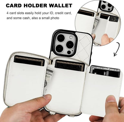 Bocasal Crossbody Wallet Case for iPhone 16 Pro, RFID Blocking PU Leather Zipper Handbag Purse Flip Cover, Kickstand Folio Case with Card Slots Holder Wrist Strap Lanyard 5G 6.3 Inch (White)