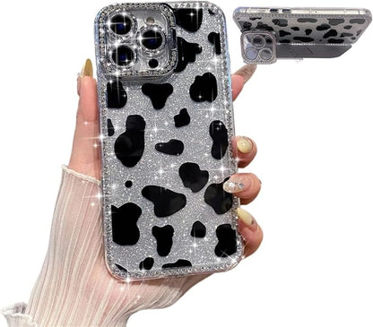 for iPhone 16 pro max Case Glitter Camera Lens Protector Phone Case for Women Girls Aesthetic Design TPU Shockproof Protective Case (Cow)