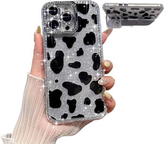 for iPhone 16 pro max Case Glitter Camera Lens Protector Phone Case for Women Girls Aesthetic Design TPU Shockproof Protective Case (Cow)